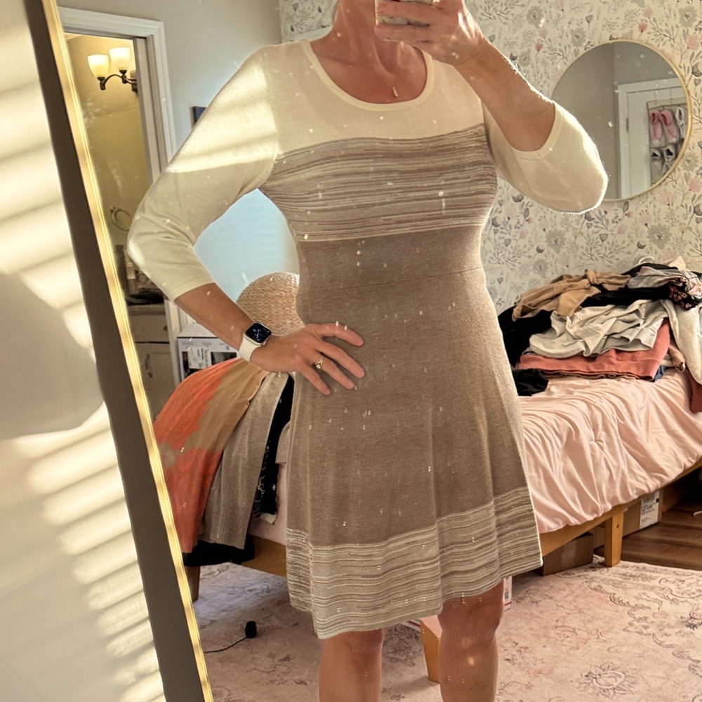 New York & Company Beige and Cream Long Sleeve Dress